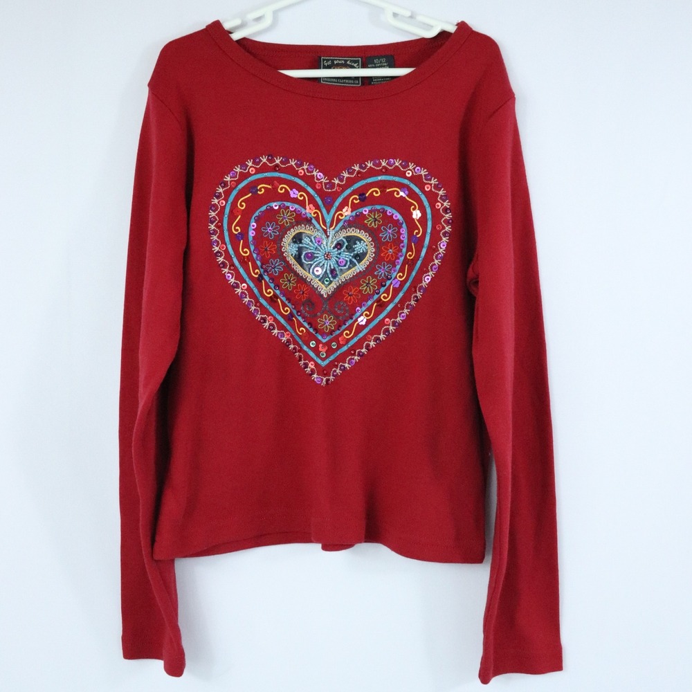 Y2K Route 66 Red Embellished Heart Long Sleeve Top Girls Beaded Sequin 10/12 NWT
